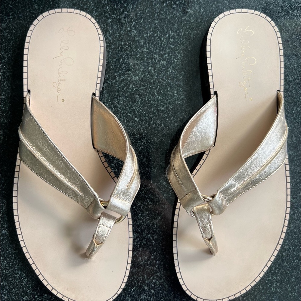 Lily Pulitzer Mckim mini gold sandals.